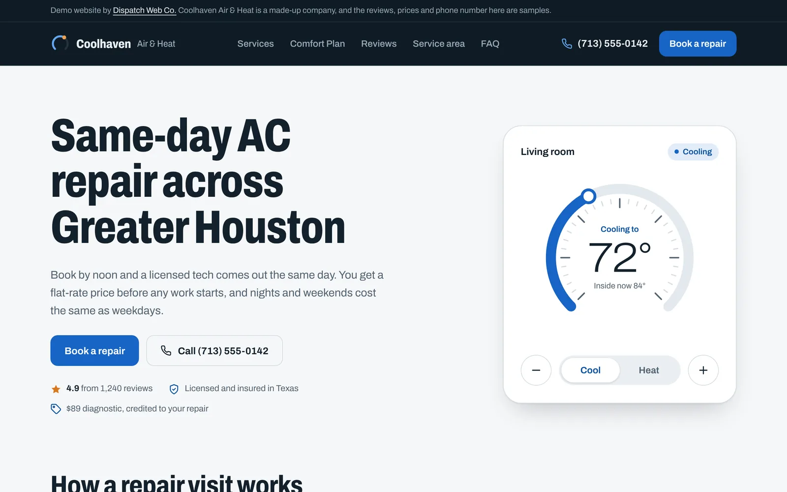 Homepage of the Coolhaven Air and Heat demo site, with a same-day AC repair headline, booking buttons and a thermostat graphic